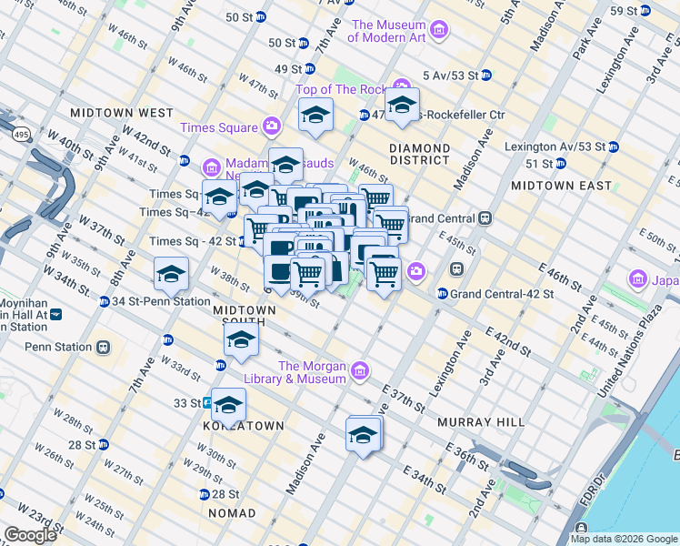 map of restaurants, bars, coffee shops, grocery stores, and more near in New York