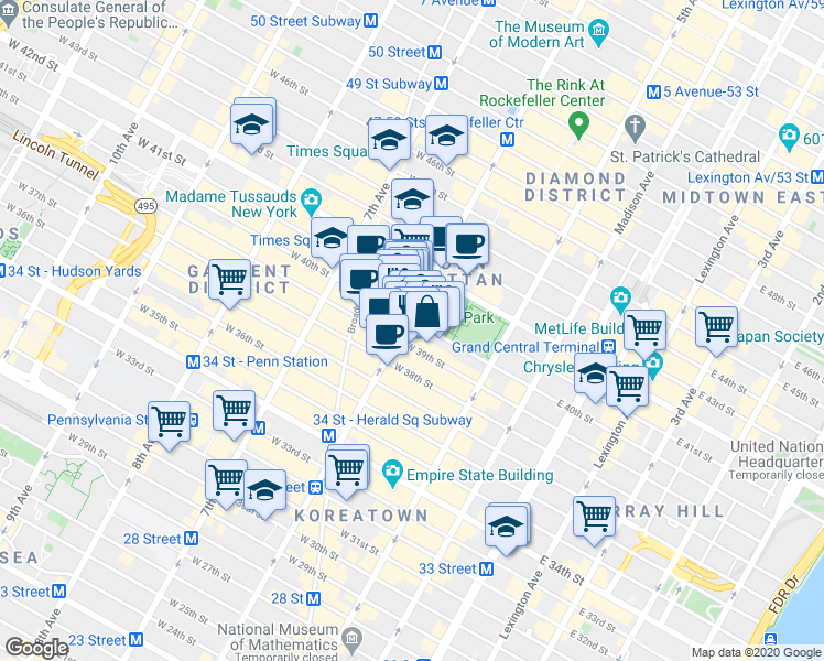 map of restaurants, bars, coffee shops, grocery stores, and more near 54 West 40th Street in New York