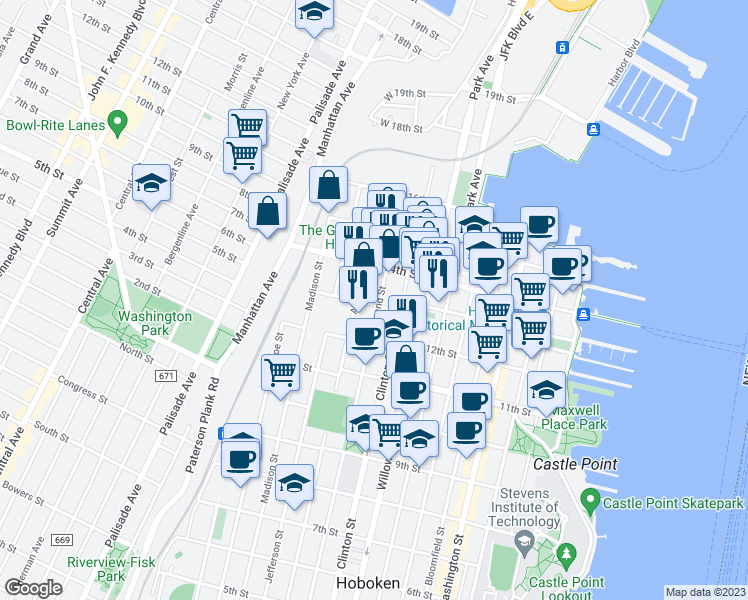 map of restaurants, bars, coffee shops, grocery stores, and more near 1300 Grand Street in Hoboken