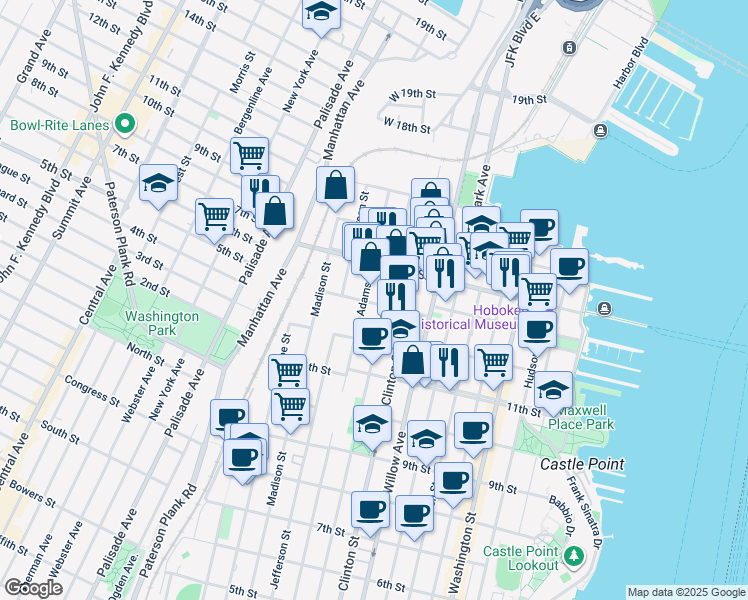 map of restaurants, bars, coffee shops, grocery stores, and more near 1300 Grand Street in Hoboken