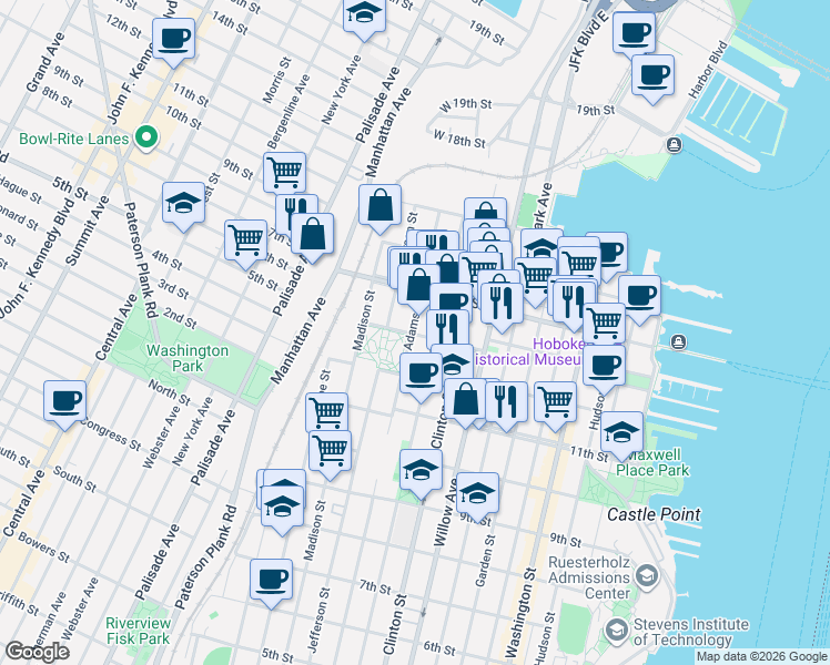 map of restaurants, bars, coffee shops, grocery stores, and more near 1300 Grand Street in Hoboken