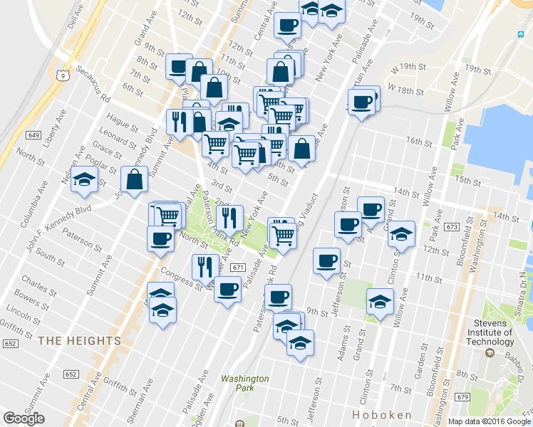 map of restaurants, bars, coffee shops, grocery stores, and more near 305 New York Avenue in Union City