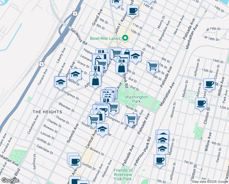 map of restaurants, bars, coffee shops, grocery stores, and more near 551 Central Avenue in Jersey City