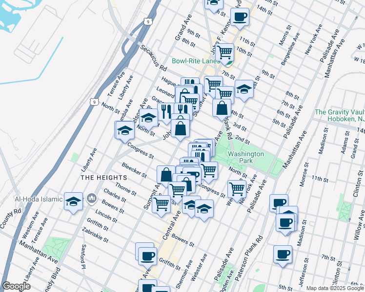map of restaurants, bars, coffee shops, grocery stores, and more near 1127 Summit Avenue in Jersey City