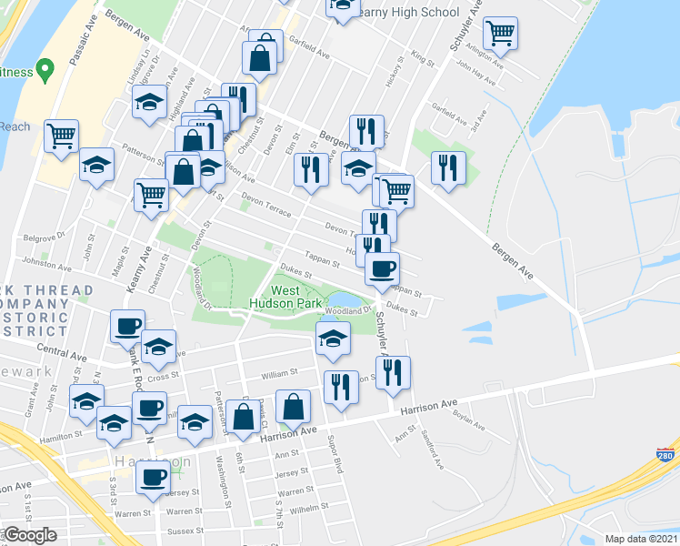 map of restaurants, bars, coffee shops, grocery stores, and more near 126 Tappan Street in Kearny
