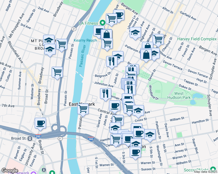 map of restaurants, bars, coffee shops, grocery stores, and more near 59 Johnston Avenue in Kearny