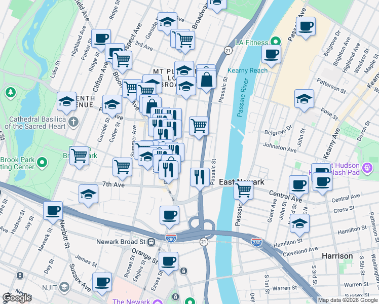 map of restaurants, bars, coffee shops, grocery stores, and more near 248 Broad Street in Newark