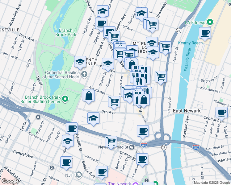 map of restaurants, bars, coffee shops, grocery stores, and more near 84 Summer Avenue in Newark