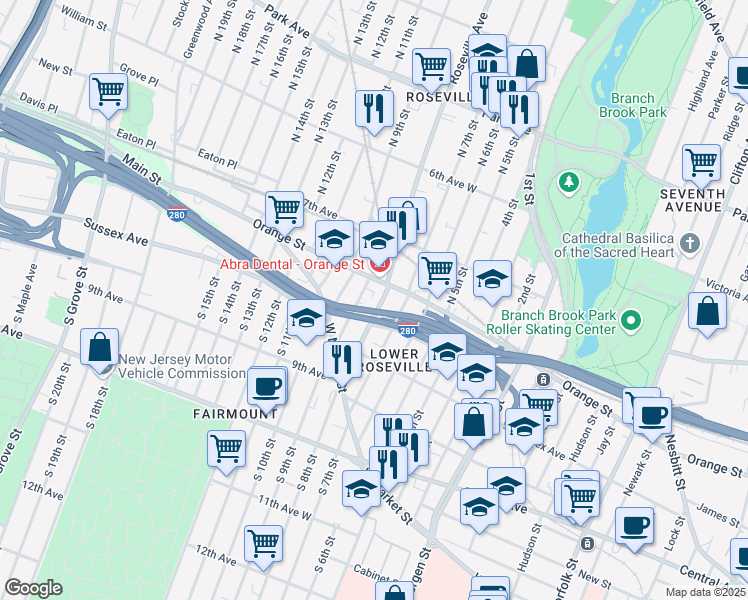 map of restaurants, bars, coffee shops, grocery stores, and more near 70 Roseville Avenue in Newark