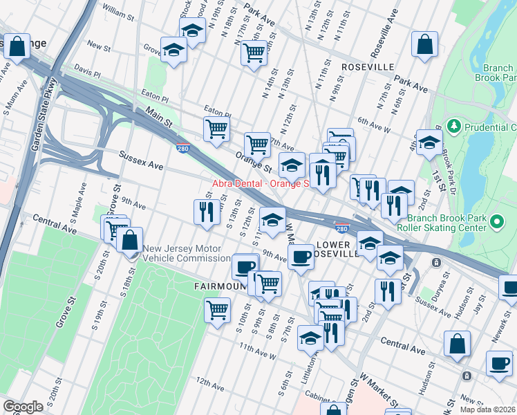 map of restaurants, bars, coffee shops, grocery stores, and more near 26-32 Gould Avenue in Newark