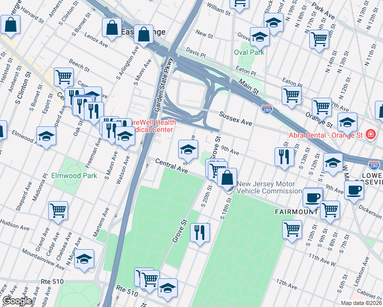 map of restaurants, bars, coffee shops, grocery stores, and more near 57 South Maple Avenue in East Orange