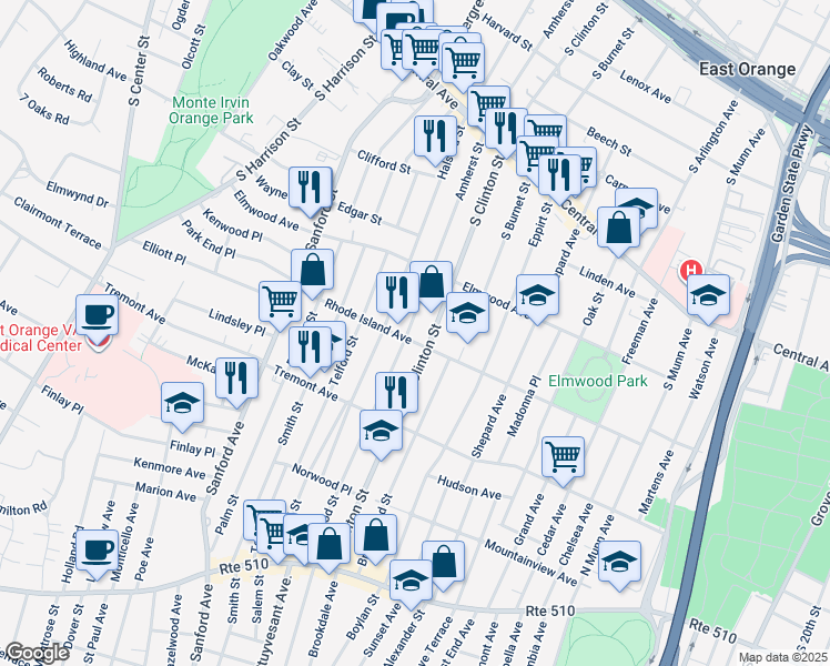 map of restaurants, bars, coffee shops, grocery stores, and more near 402 Halsted Street in East Orange