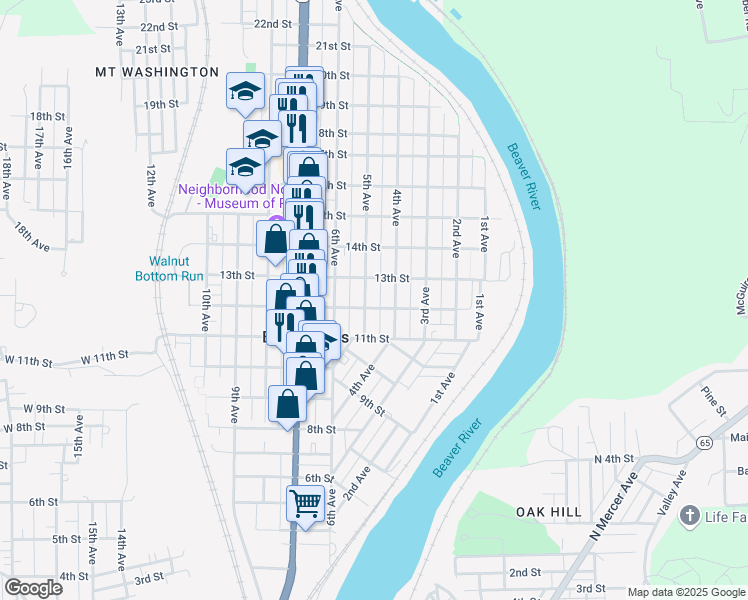 map of restaurants, bars, coffee shops, grocery stores, and more near 1215 4th Avenue in Beaver Falls