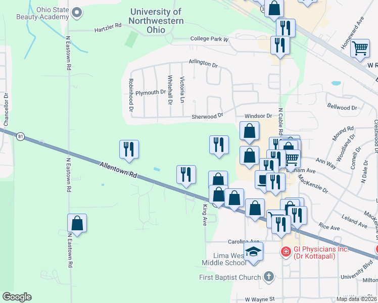 map of restaurants, bars, coffee shops, grocery stores, and more near 2450 Allentown Road in Lima