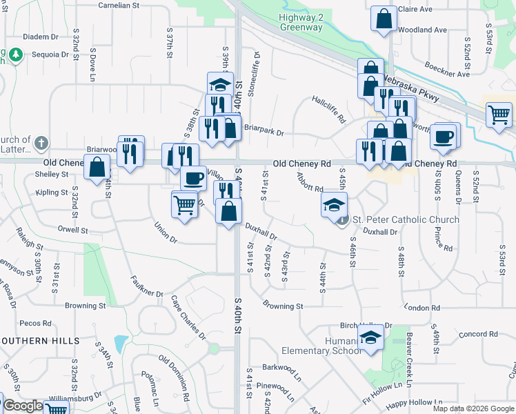 map of restaurants, bars, coffee shops, grocery stores, and more near 4100 Kipling Place in Lincoln