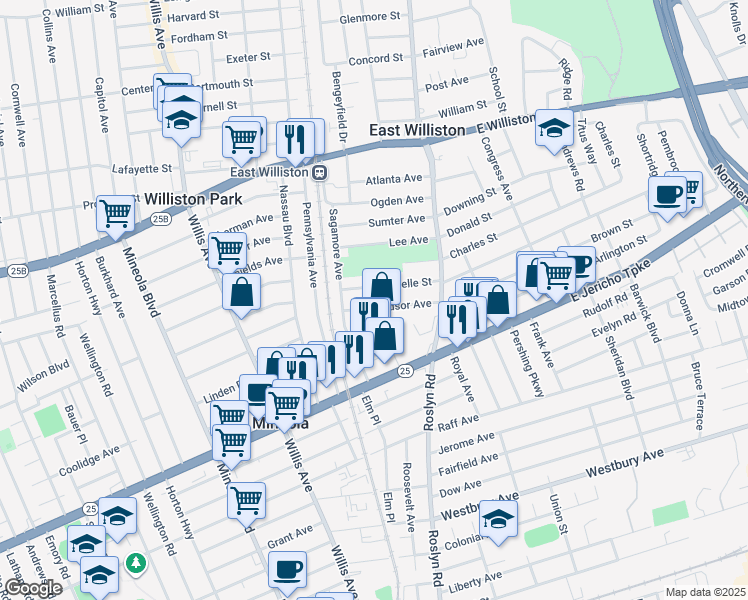 map of restaurants, bars, coffee shops, grocery stores, and more near 35 Roselle Street in Mineola