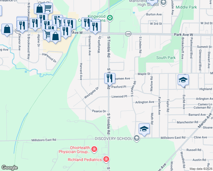 map of restaurants, bars, coffee shops, grocery stores, and more near 1015 Maumee Avenue in Mansfield