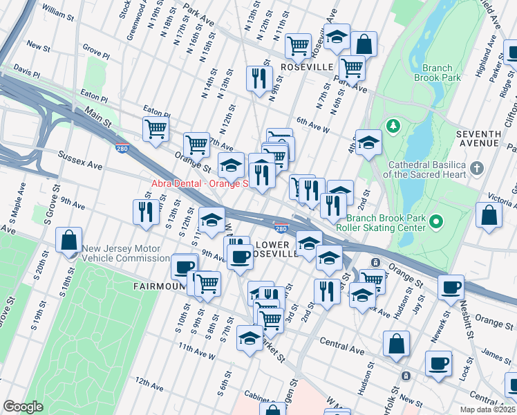 map of restaurants, bars, coffee shops, grocery stores, and more near 70 Roseville Avenue in Newark