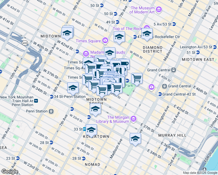 map of restaurants, bars, coffee shops, grocery stores, and more near 1052 6th Avenue in New York