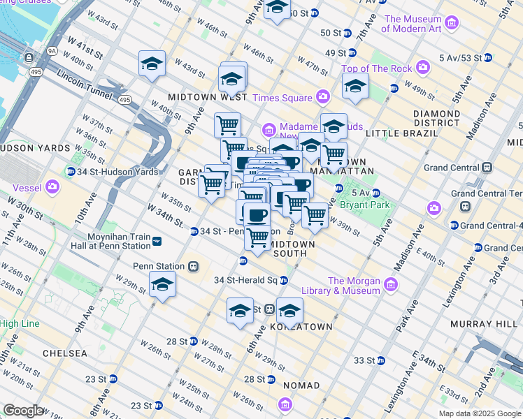 map of restaurants, bars, coffee shops, grocery stores, and more near 515 7th Avenue in New York