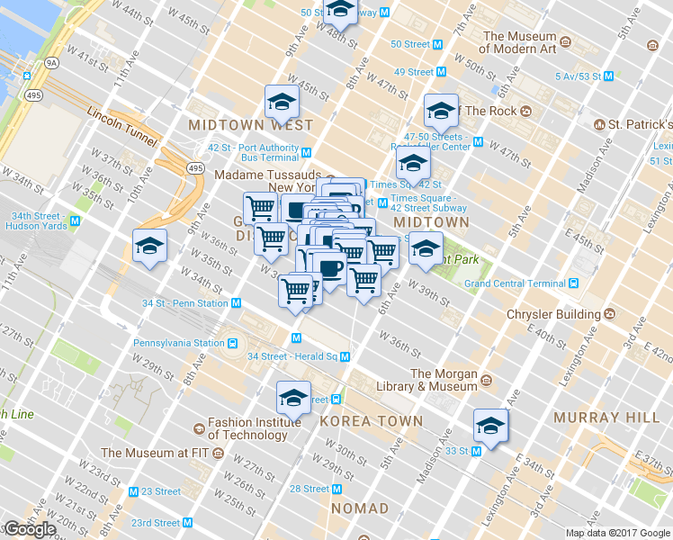 map of restaurants, bars, coffee shops, grocery stores, and more near 515 7th Avenue in New York