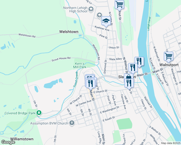 map of restaurants, bars, coffee shops, grocery stores, and more near 104 North 2nd Street in Slatington
