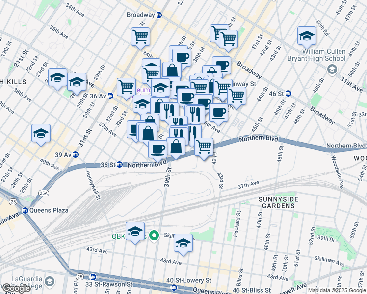 map of restaurants, bars, coffee shops, grocery stores, and more near 40-04 36th Avenue in Queens