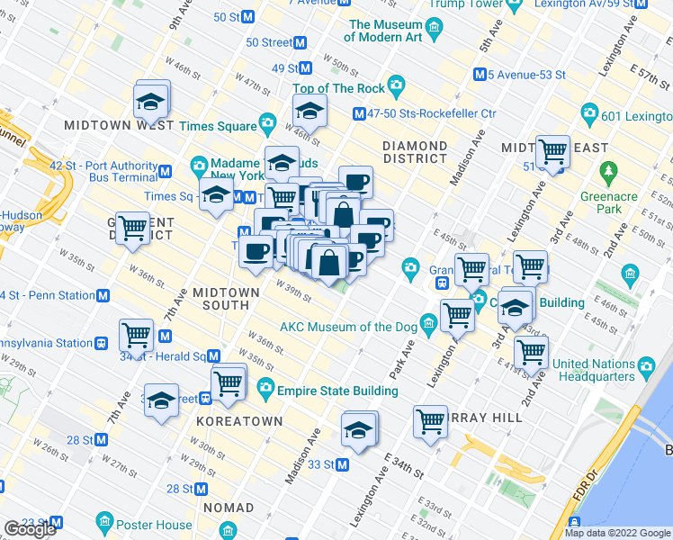 map of restaurants, bars, coffee shops, grocery stores, and more near 1060 Avenue of the Americas in New York