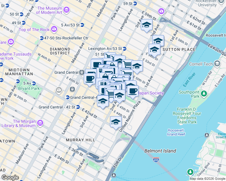 map of restaurants, bars, coffee shops, grocery stores, and more near 230 East 47th Street in New York