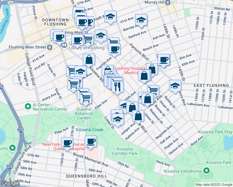 map of restaurants, bars, coffee shops, grocery stores, and more near 43-24 Union Street in Queens