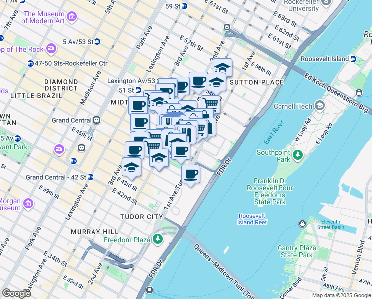 map of restaurants, bars, coffee shops, grocery stores, and more near 320 East 49th Street in New York