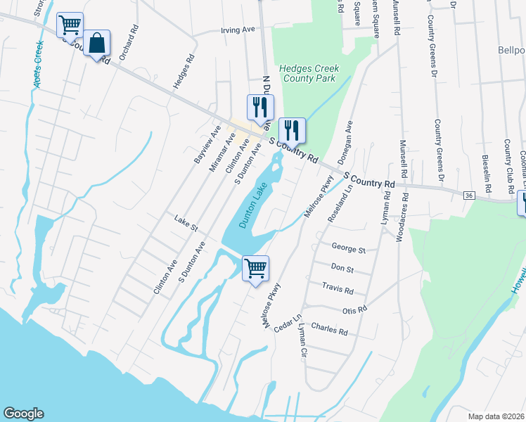 map of restaurants, bars, coffee shops, grocery stores, and more near 6 Maple Avenue in East Patchogue