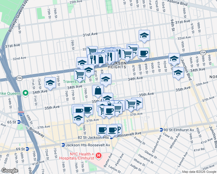 map of restaurants, bars, coffee shops, grocery stores, and more near 34-20 83rd Street in Queens
