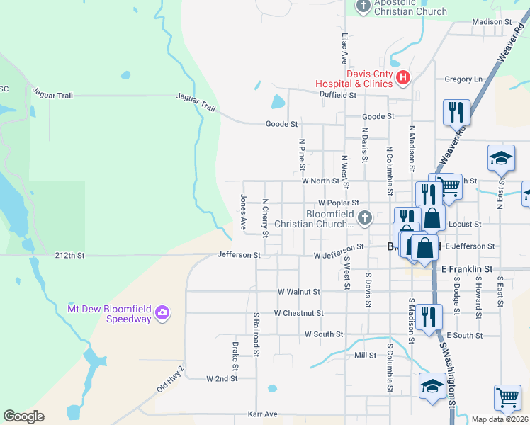 map of restaurants, bars, coffee shops, grocery stores, and more near 301 North Cherry Street in Bloomfield