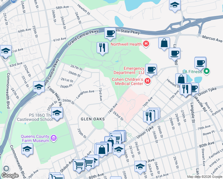 map of restaurants, bars, coffee shops, grocery stores, and more near 264-52 Langston Avenue in Queens