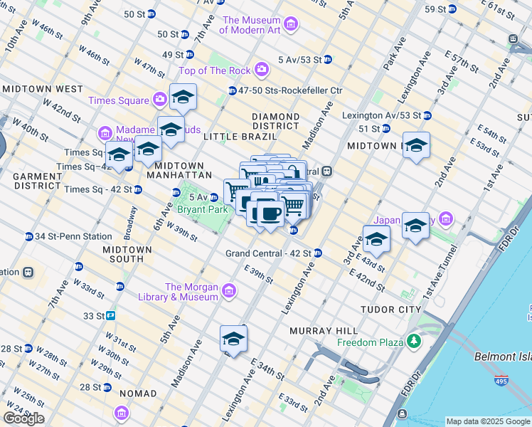 map of restaurants, bars, coffee shops, grocery stores, and more near 330 Madison Avenue in New York