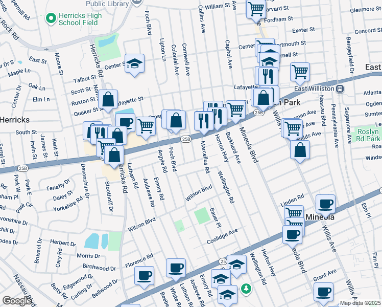 map of restaurants, bars, coffee shops, grocery stores, and more near 525 Liberty Avenue in Williston Park