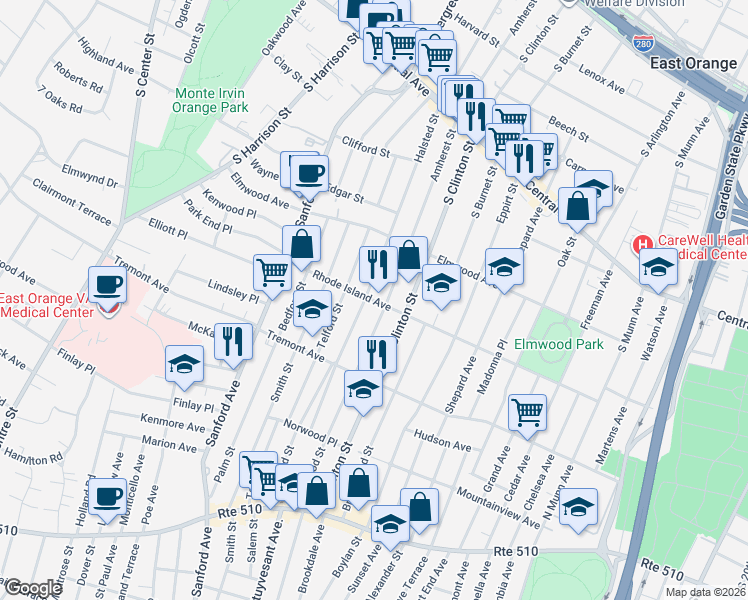 map of restaurants, bars, coffee shops, grocery stores, and more near 402 Halsted Street in East Orange
