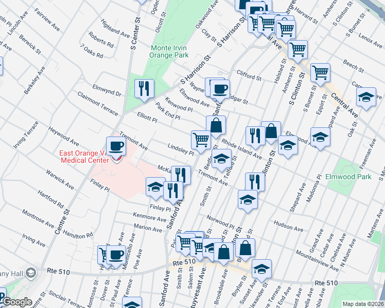 map of restaurants, bars, coffee shops, grocery stores, and more near 32 Lindsley Place in East Orange