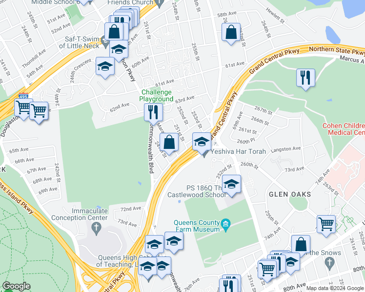 map of restaurants, bars, coffee shops, grocery stores, and more near 66-20 251st Street in Queens
