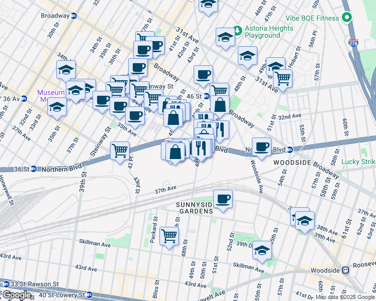 map of restaurants, bars, coffee shops, grocery stores, and more near 4700 Northern Boulevard in Queens