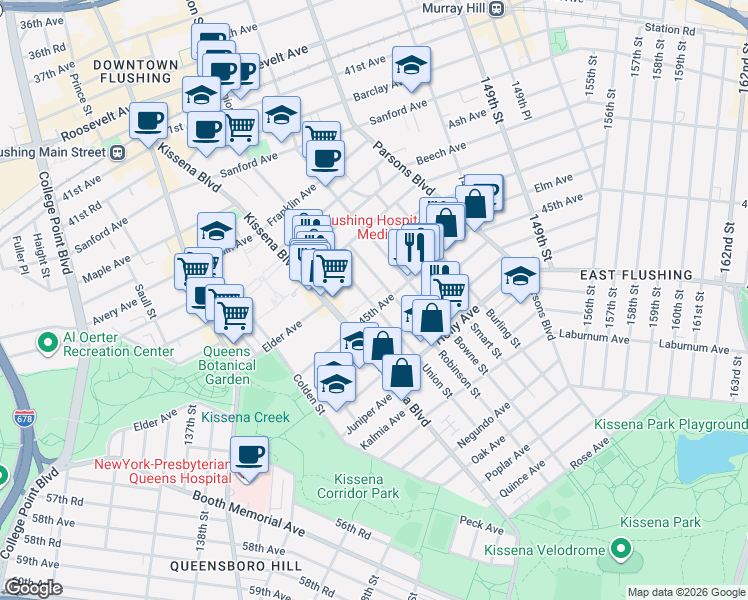 map of restaurants, bars, coffee shops, grocery stores, and more near 43-68 Robinson Street in Queens
