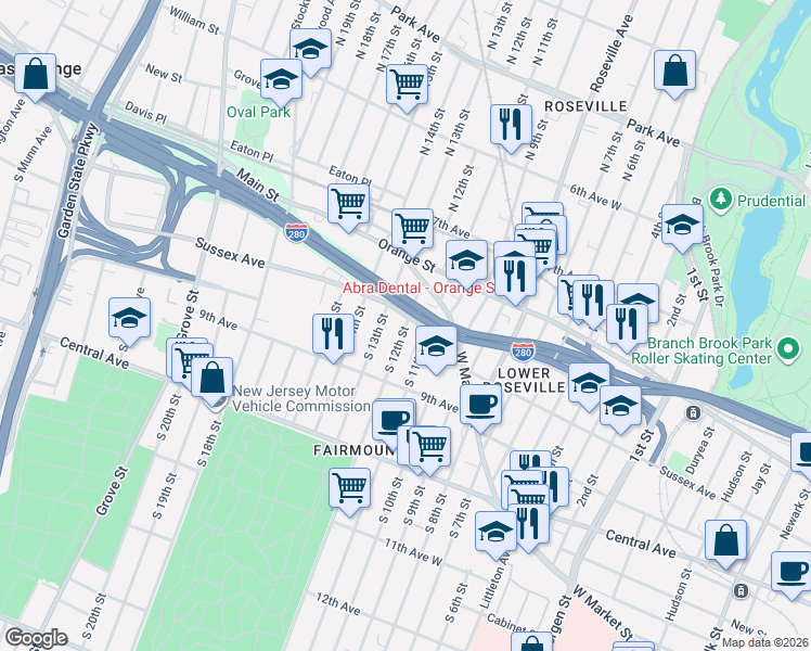 map of restaurants, bars, coffee shops, grocery stores, and more near 26-32 Gould Avenue in Newark