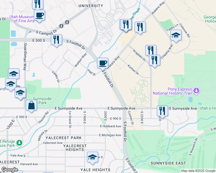 map of restaurants, bars, coffee shops, grocery stores, and more near 2045 Sunnyside Avenue South in Salt Lake City