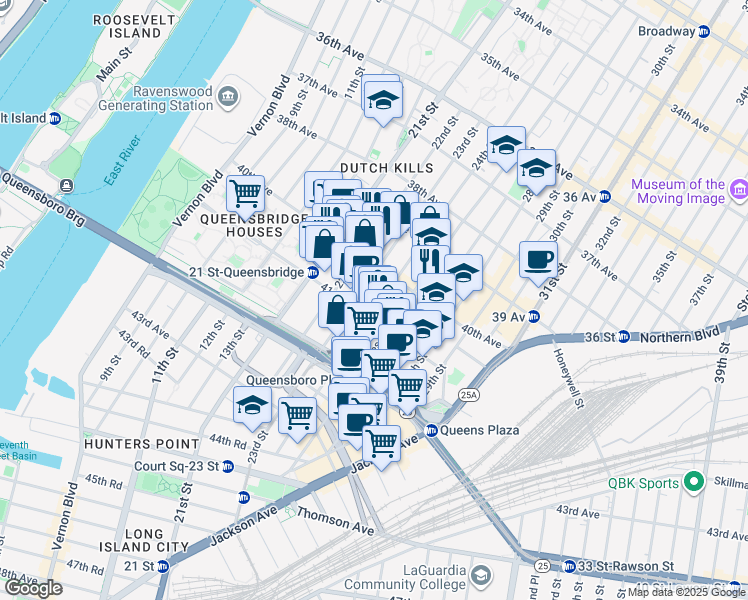 map of restaurants, bars, coffee shops, grocery stores, and more near 40-22 24th Street in Queens