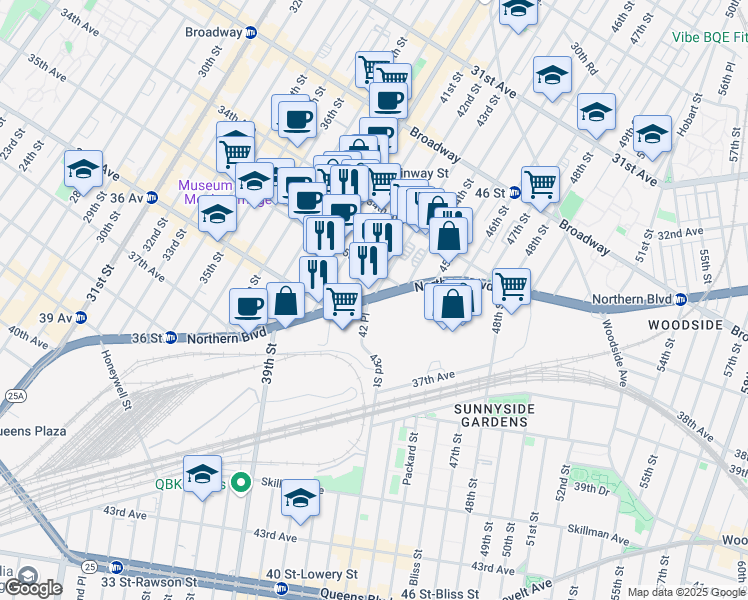 map of restaurants, bars, coffee shops, grocery stores, and more near 35-10 43rd Street in Queens