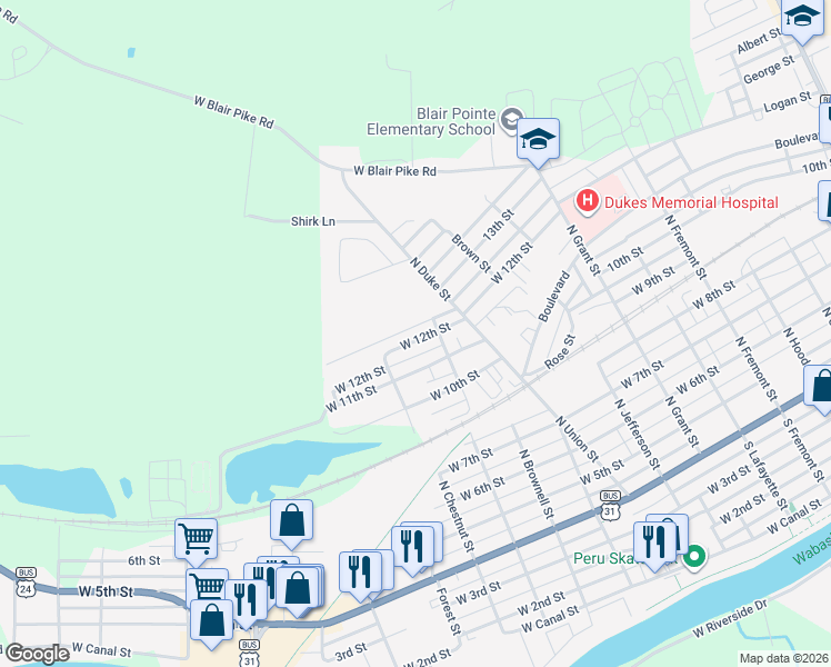 map of restaurants, bars, coffee shops, grocery stores, and more near 500-698 Oak Street in Peru