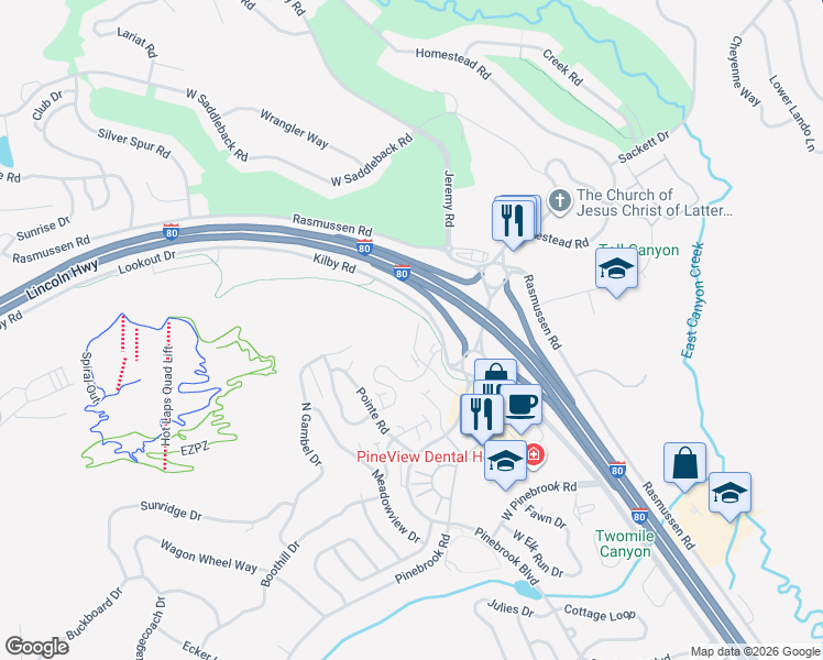 map of restaurants, bars, coffee shops, grocery stores, and more near 3368 Quarry Springs Drive in Summit Park