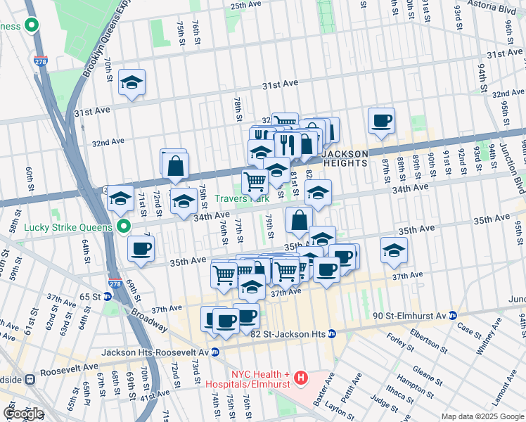map of restaurants, bars, coffee shops, grocery stores, and more near 78-1 34th Avenue in Queens