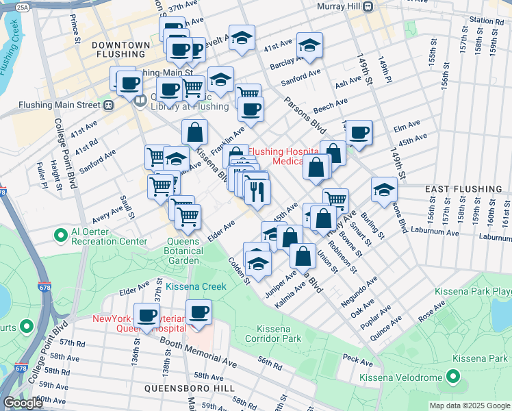 map of restaurants, bars, coffee shops, grocery stores, and more near 43-24 Union Street in Queens